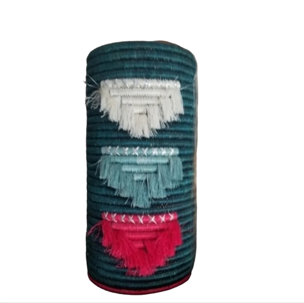 Handmade RWANDA VASE w glass insert fringe  boho tribal teal pink